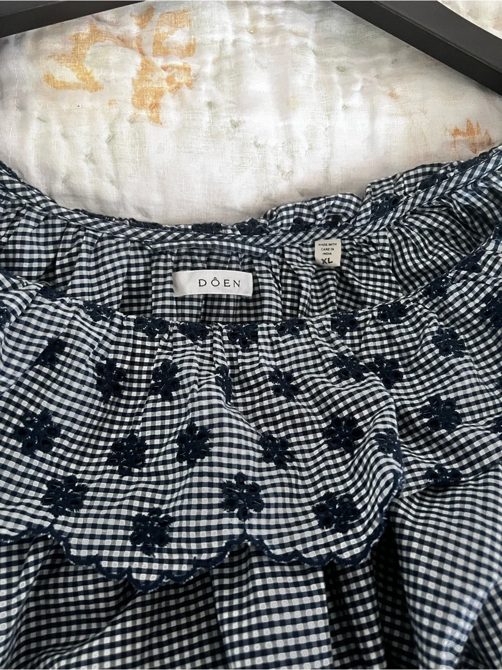 Doen Navy and White Checked Maxi dress with Puff Sleeves and Embroidered Hem.